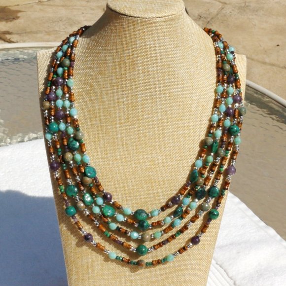 2 Necklace Set Boho Multi Strand Stone Bead Gemstone Silver Handmade NWT - Picture 7 of 9